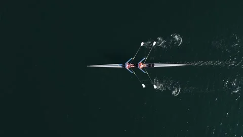 Top View Two Men Rowing In Morning Light, Rowing Boat In Halifax Bay Ocean Video stock 317996858