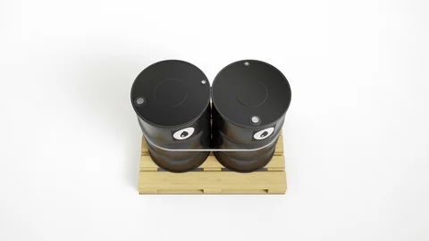 Top view of two metal black barrels with oil symbol located on wooden pallet. 動画素材 115366073