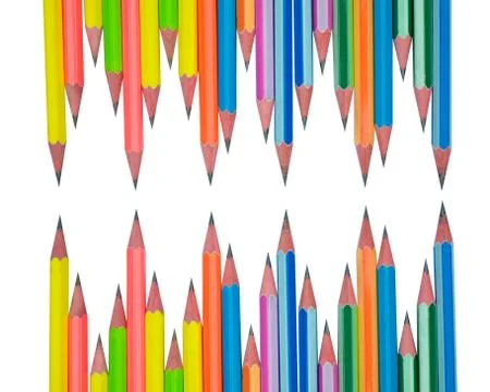 Top view of two rows of different colored wood pencil crayons facing each oth Stock Photos