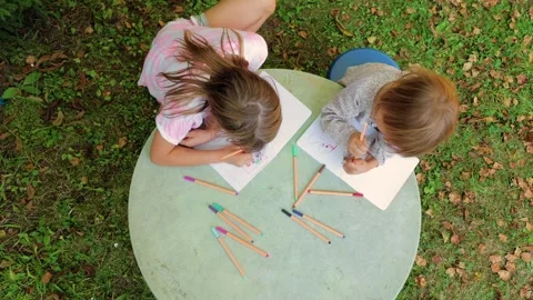 Top view of two sisters drawing with fineliners in notebooks in a summer gard Stock Footage 304327692