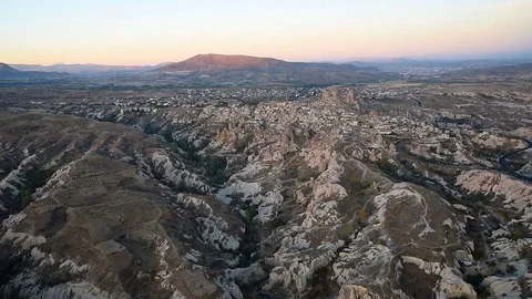 Top view of Uchisar town and castle at sunrise. Cappadocia. Turkey Stock Footage 83395748
