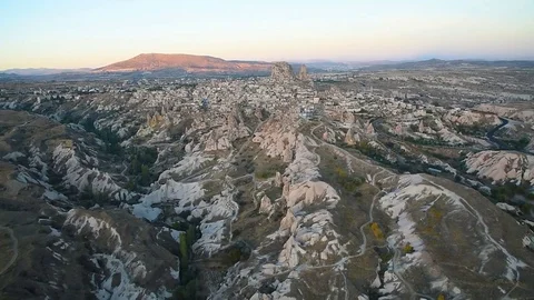 Top view of Uchisar town and castle at sunrise. Cappadocia. Turkey Stock Footage 83800021
