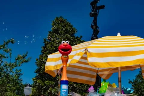 Top view of umbrella and bubbles coming out of Elmo toy at Seaworld 1 Stock Photos
