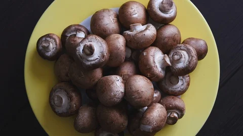 Top View Of Uncooked Fresh Raw Royal Champignon Mushrooms Rotating On A White Pl Stock Footage 128554777