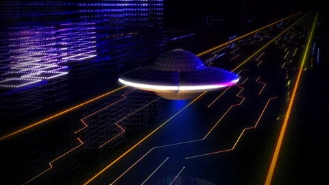 Top View of Unidentified Flying Object Floating in Digital Artificial Dark City Stock Footage 277901225