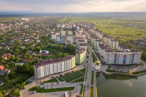 Top view of urban developing city landscape with tall apartment buildings and Stock Photos