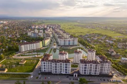 Top view of urban developing city landscape with tall apartment buildings and Stock Photos