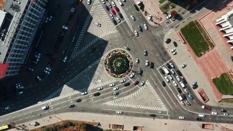 Top view of urban road traffic. Aerial view of roundabout intersection in Kyiv. Stock Footage 161339341