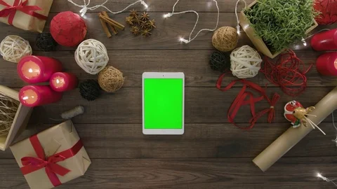 Top View Using Digital Tablet Christmas Gifts Stock Footage 81457280
