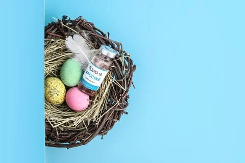 Top view of vaccine and easter egg nest flat lay. Stock Photos