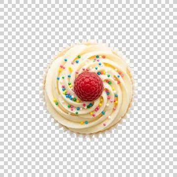 Top view of vanilla cupcake with white frosting colorful sprinkles and rasp.. Фото