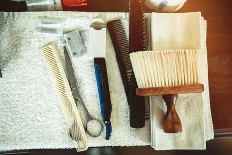 Top view of various barber tools Stock Photos