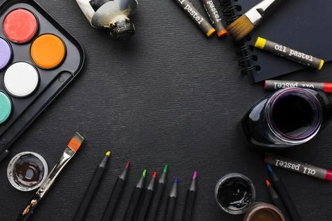 Top view various brushes crayons. High quality and resolution beautiful photo Stock Photos