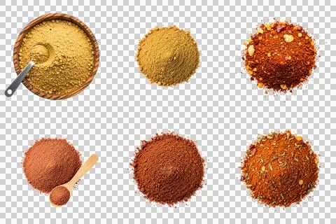 Top view of various piles of dried spices including chili powder and mustar.. Stockfoto's