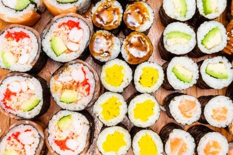 Top view of various rolls on old table Stock Photos