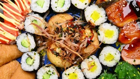 Top view various sushi rotating closeup at horizontal composition Stock Footage 235163525