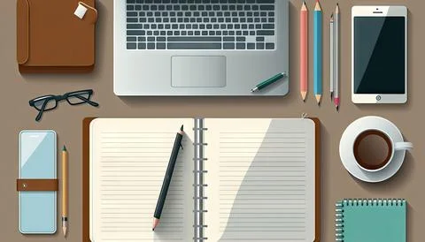 Top view vector business workplace with notebook, Made by AI, Artificial in.. Stock Illustration