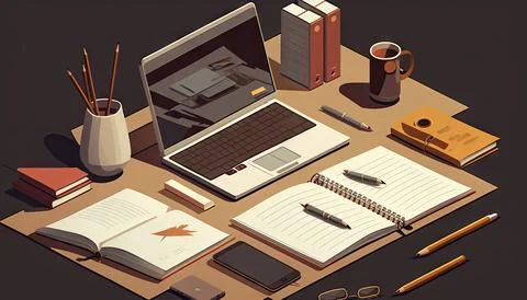 Top view vector business workplace with notebook, Made by AI, Artificial in.. Stock Illustration