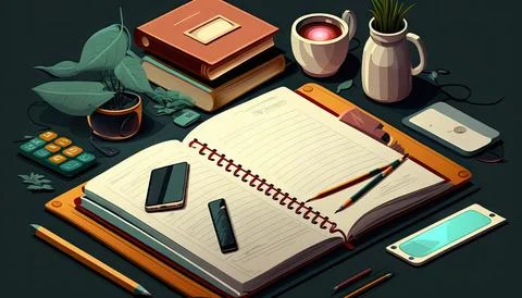 Top view vector business workplace with notebook, Made by AI, Artificial in.. Stock Illustration