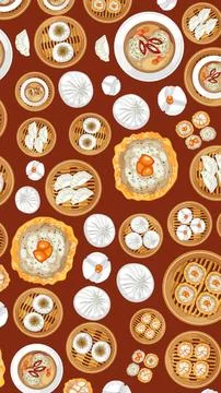 Top View Vector Illustration of Assorted Chinese Dim Sum Dishes Stock Illustration