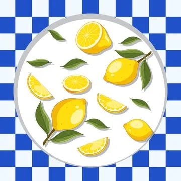 Top View Vector Illustration of Fresh Lemons on a White Plate Stock Illustration