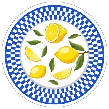 Top View Vector Illustration of Lemons on a Blue Checkered Plate Stock Illustration