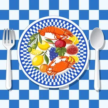 Top view vector illustration of lobster, crab, and fresh fruits on a patterne Stock Illustration