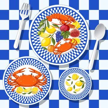 Top view vector illustration of plates with lobster, crab, and fruit on check Stock Illustration