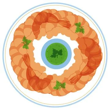 Top View Vector Illustration of Shrimp Cocktail Platter with Dipping Sauce Stock Illustration