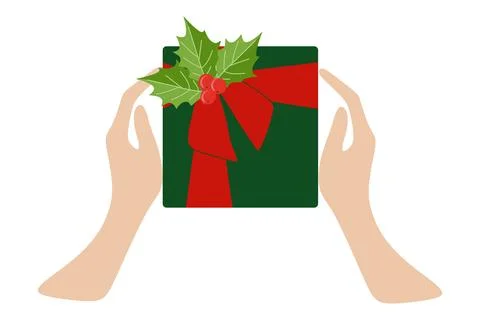 Top view Vector of Two female hands holding Gift box with red ribbon and holl Stock Illustration