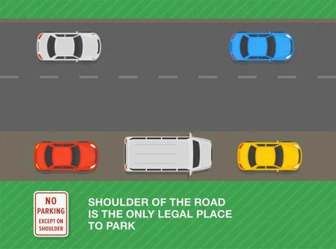 Top view of a vehicles parked on shoulder. No parking except on shoulder sign. Illustrazione stock