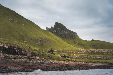 Top view vertical composition with the iconic Drangarnir gate, Tindholmur and Stock Photos