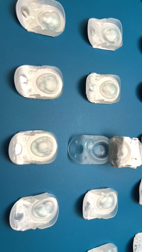 Top view of vertical video of disposable containers with contact lenses lying in Stock Footage 320536998