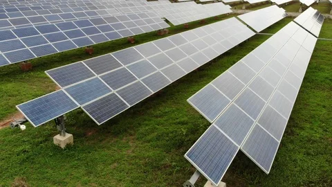 Top view video Solar cell panels set up on the grass field 動画素材 108076598