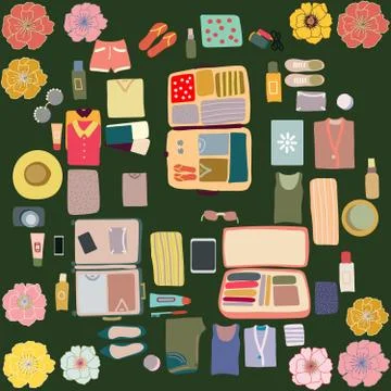 Top view view luggage composition on black background Stock Illustration