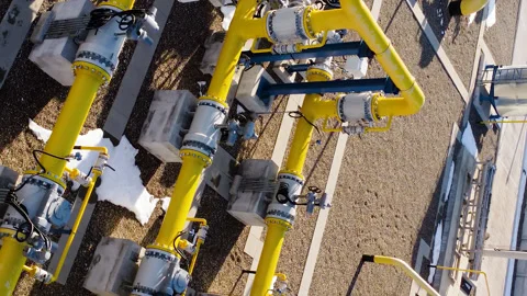 Top view view of yellow pipes intertwining vertical video showcases innovations Stock Footage 266390011