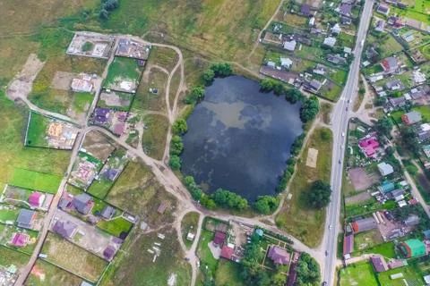 Top view of the village, fields and forests near the village. Foto stock