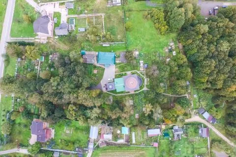 Top view of the village, fields and forests near the village. Stock Photos