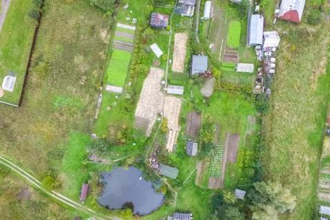 Top view of the village, fields and forests near the village. Foto stock