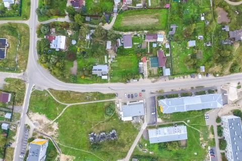 Top view of the village, fields and forests near the village. Stock Photos