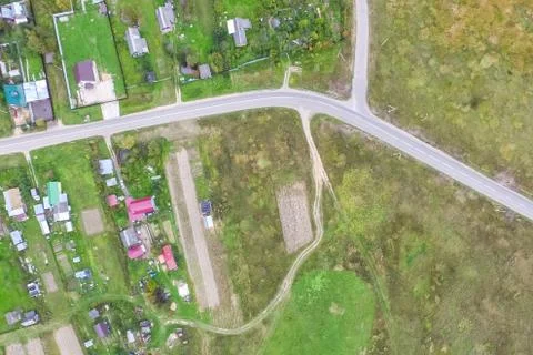 Top view of the village, fields and forests near the village. Stock Photos