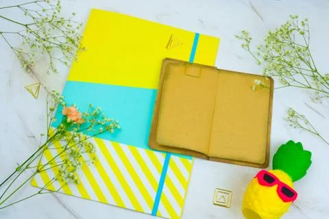 Top view vintage book with empty sheets,brigt paper folder,squishy toy pineap Foto stock
