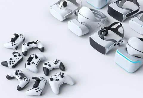 Top view virtual reality glasses and controllers for online gaming on white Stock Illustration