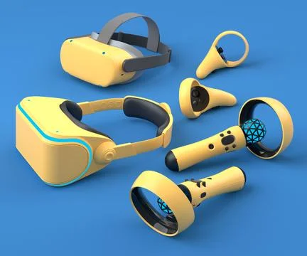 Top view virtual reality glasses and controllers for online gaming on blue Stock Illustration