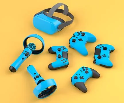 Top view virtual reality glasses and controllers for online gaming on yellow Stock Illustration