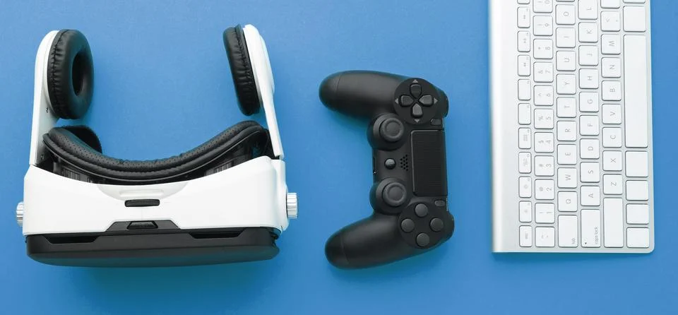 Top view virtual reality headset with joystick Stock Photos