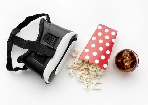 Top view virtual reality headset and popcorn Stock Photos