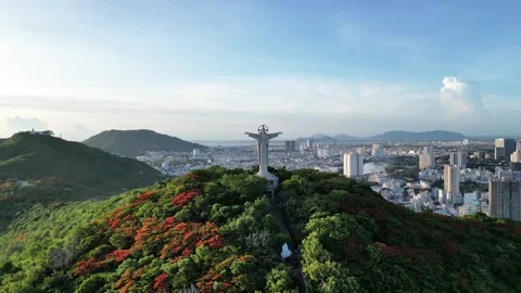 Top view of Vung Tau with statue of Jesus Christ on Mountain . the most popul Stock Footage 201278913