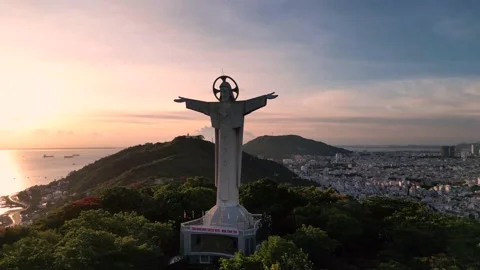 Top view of Vung Tau with statue of Jesus Christ on Mountain . the most popul Stock Footage 201278914