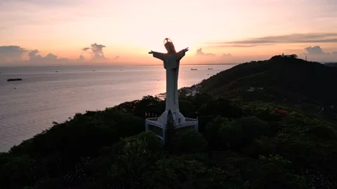 Top view of Vung Tau with statue of Jesus Christ on Mountain . the most popul Stock Footage 201278922